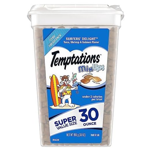 TEMPTATIONS MixUps Crunchy and Soft Cat Treats, Surfer's Delight Flavor, 30 oz. Tub (Packaging may vary)