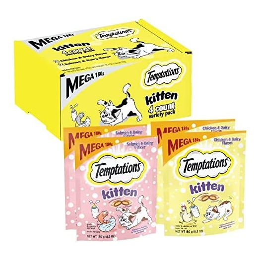 Temptations Kitten Treats, Chicken & Dairy and Salmon & Dairy, Crunchy and Soft Treat, 4-Pack Multipack (6.3 ozper Pack)