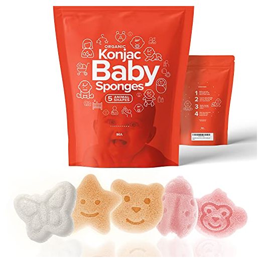 Konjac Baby Sponge for Bathing | Natural Cute Shapes | Kids Bath sponges for Infants | Toddler Bath time | Safe Organic Plant-Based | 5pcs Set : Bear, Monkey, Butterfly, Ladybug, Star