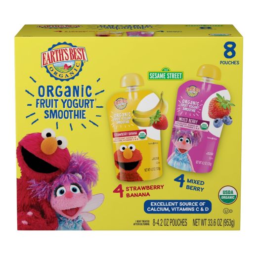 (8 Pack) Earth's Best Organic Sesame Street Fruit Yogurt Smoothie Strawberry Banana & Mixed Berries, 4.2 oz Pouch Variety Pack
