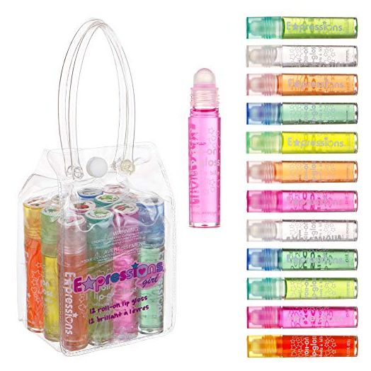Expressions Girls Roll On Lip Gloss Set with Carrying Case, 12-Piece Glossy Lip Make-up for Kids and Teens - Fruity Flavors, Non Toxic, Kid Friendly, Party Gift, Best Friends