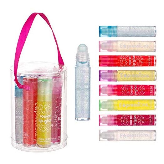 Expressions 8 Pc Roll On Glitter Lip Gloss Set, Fruity Flavored Lip Makeup for Kids and Teens, Non Toxic, Kid Friendly, Great for Gifts, Party Favors and Stocking Stuffers
