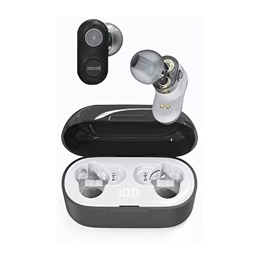 Maxell High Fidelity Dual Driver True Wireless Earbuds, Bluetooth 5.0, 20HRS of Playtime, IPX3 Water Resistant, Black/Grey, (199652)