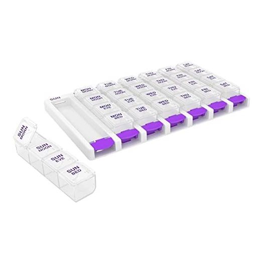 EZY DOSE Weekly (7 Day) 4 Times a Day Push Button Pill Organizer and Vitamin Planner, Removable Daily Pillboxes, Patented Design, Assorted Colors, Clear, Large (Pack of 1) (67133)