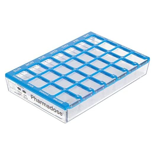 Ezy Dose Weekly (7-Day) Pill Organizer, Vitamin and Medicine Box, Small Compartments with Easy Fill Tray, 4 Times a Day, Clear Lids