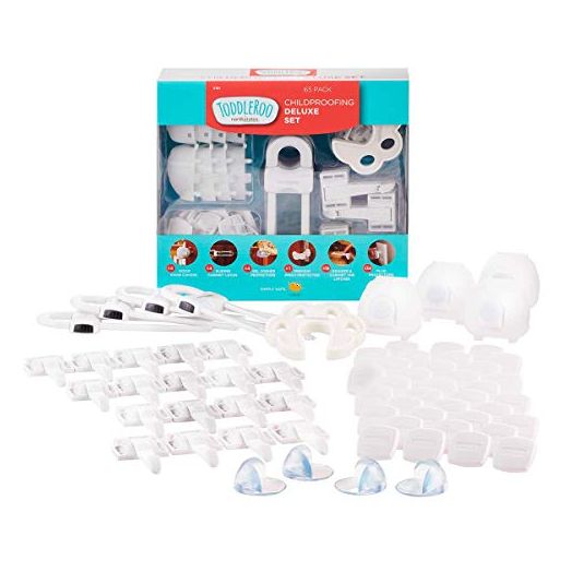 Toddleroo by North States Childproofing Deluxe Kit | 4 Door knob Covers, 34 Plug Protectors, 18 latches, 1 Pinch Protector, 4 Gel Corners, 4 Cabinet Locks | Baby proofing Set (65 Piece Set, White)