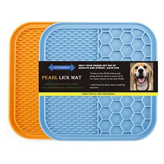 Licking Mat for Dogs & Cats | Dog Lick Bowl Alternative Pet Soother Lick Mat for Dogs with Suction Cups | 2-Texture Dog Puzzle Dish Slow Feeder Mat | 2 Pack Licking Mats, Orange & Blue