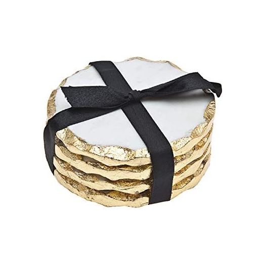 Godinger Round Coasters Gold Edge, Marble Coaster Set, Table Protection, Set of 4