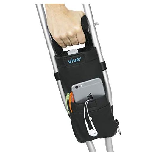 Vive Crutch Pouch Bag with Foam Hand Grip Pads - Tote for Broken Leg Crutches with Storage Pockets - Ergonomic, Orthopedic, Lightweight Carry On - Medical Forearm Crutch Accessories (Black)