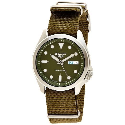 SEIKO Men's 5 Sports Stainless Steel Automatic Watch with Nylon Strap, Green, 22 (Model: SRPE65)