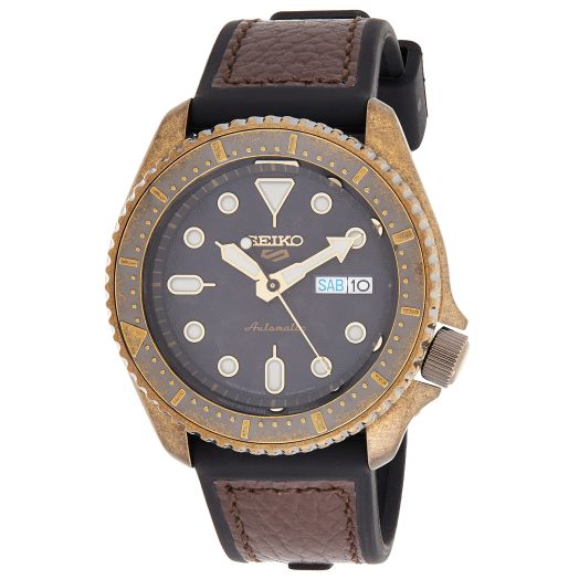 SEIKO Men's 5 Sports Stainless Steel Automatic Watch with Silicone Strap, Brown, 22 (Model: SRPE80)