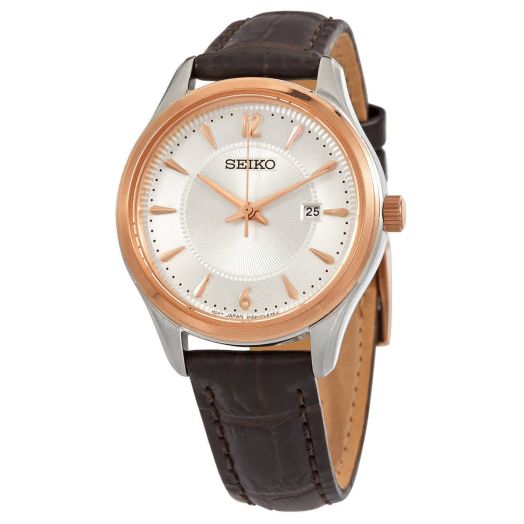 SEIKO Noble Quartz Silver Dial Brown Leather Ladies Watch SUR428