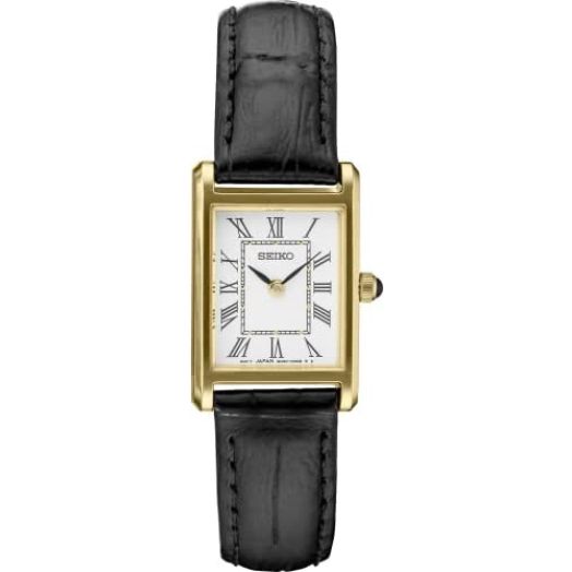 Seiko Square Gold Black Leather Women's Watch SWR054