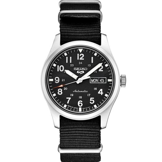SEIKO SRPG37 Watch for Men - 5 Sports - Automatic with Manual Winding Movement, Black Dial, Stainless Steel Case, Black Nylon Strap, 100m Water Resistant, and Day/Date Display