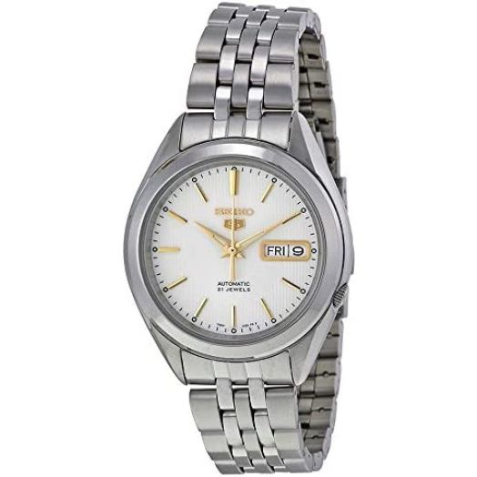 Seiko 5 SNKL17 Men's Stainless Steel White Dial Gold Index Day Date Automatic Watch