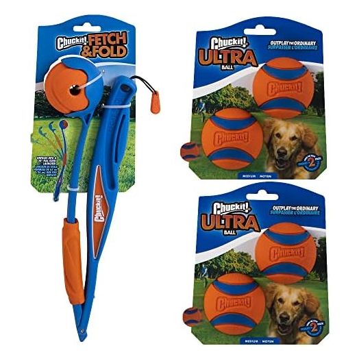 ChuckIt! Dog Fetch & Fold Ball Launcher and 4-Pack Ultra Ball Bundle, Medium