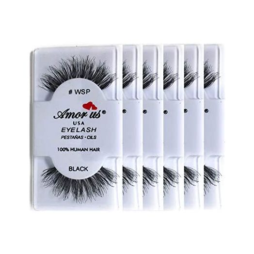Amorus 100% Human Hair False Eyelashes #WSP - Black - (6 Pack) - Wispy False Eyelashes - Glamorous Look of Fuller, Longer Lashes