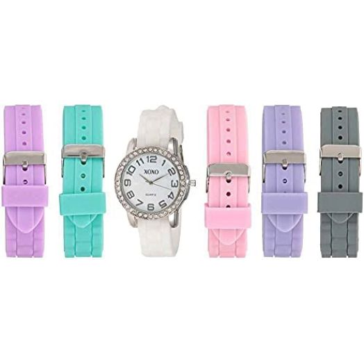 XOXO Women's Analog Watch with Silver-Tone Case, Crystal-Inset Bezel, 7 Interchangeable Bands Included - Official XOXO Woman's Silver-Tone Watch, Silicone Buckle Straps - Model: XO9069