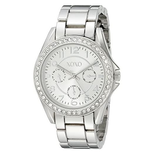 XOXO Women's Analog Watch with Silver-Tone Case, Crystal-Inset Bezel, Silver-Tone Sunray Dial - Official XOXO Woman's Watch, Link Bracelet with Push-Button Clasp - Model: XO172