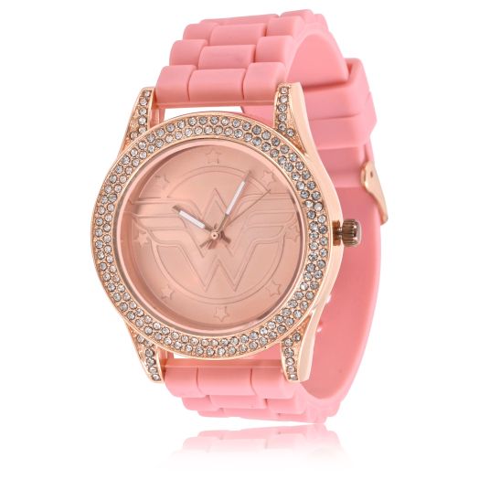 Accutime DC Comics Wonderwoman Adult Women's Analog Watch - Pink Silicone Strap, Dial Rose Gold Case with Stones, Glass Dial Face, Female, Analog Watch in Pink (Model: WOW9057AZ)
