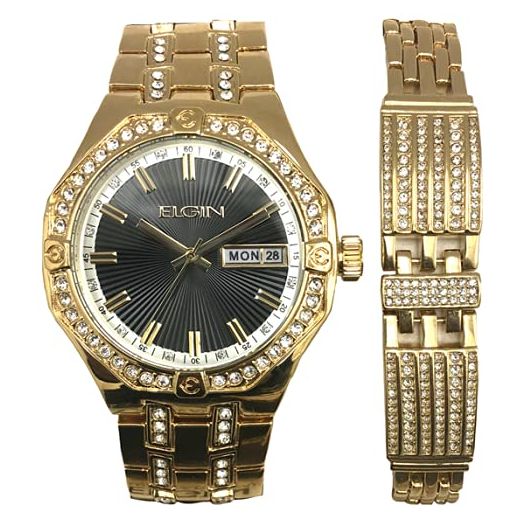 Accutime Elgin Men's Silver and Gold-Tone Analog Watch with Crystal Accents (Model FG160056STAZ)