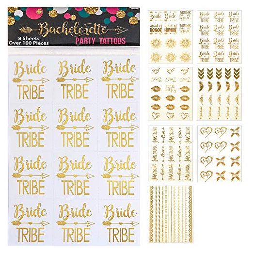 Happy Magnolia 119 pc Bachelorette Party Tattoos/Bride Tattoos (8 Sheets) Perforated Temporary Metallic Gold Tattoos Quick Bridal Shower Party Favor Decorations: Bride, Bridesmaid, Funny (119 count)