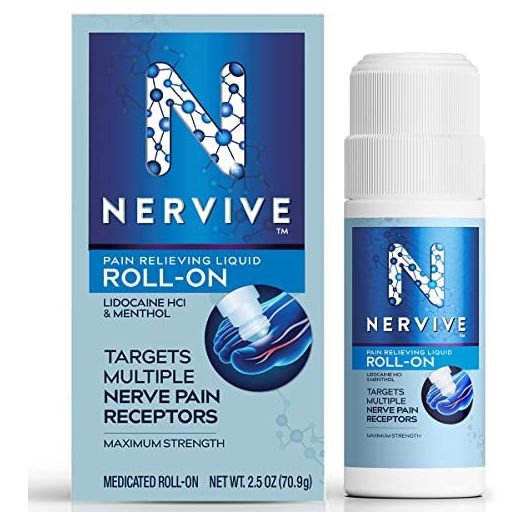 Nervive Nerve Care, Pain Relief Roll On Liquid, Max Strength No-Mess Topical Pain Reliever with Lidocaine and Menthol for Toes, Feet, Fingers, Hands, Legs & Arms, 2.5oz