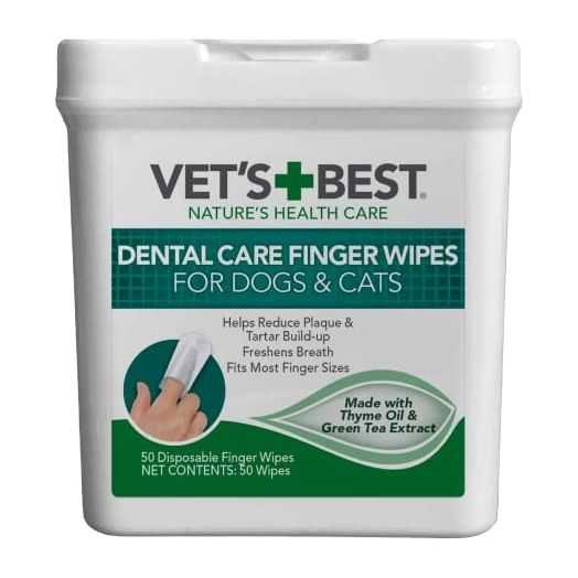 Vet's Best Dental Care Finger Wipes | Reduces Plaque & Freshens Breath | Teeth Cleaning Finger Wipes for Dogs & Cats | 50 Disposable Wipes