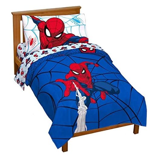 Jay Franco Marvel Spiderman Webtastic 4 Piece Toddler Size Bed Set – Super Soft Microfiber Bed Set Includes Toddler Size Reversible Comforter & Sheet Set Bedding (Official Marvel Product)