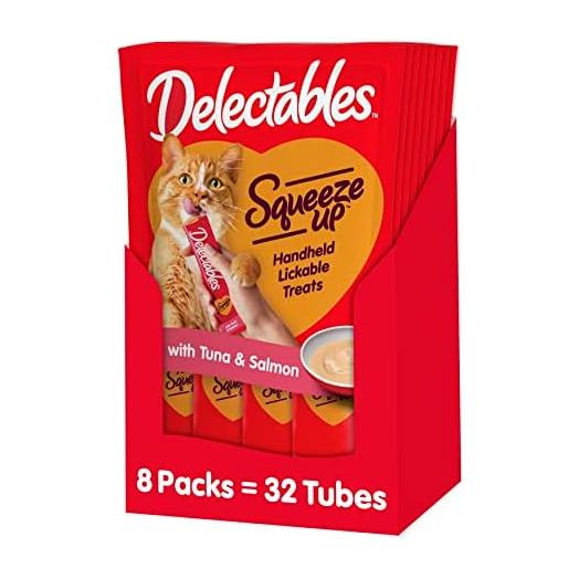 Hartz Delectables Squeeze Up Interactive Lickable Wet Cat Treats for Adult & Senior Cats, Tuna & Salmon, 4 Count(Pack of 8)