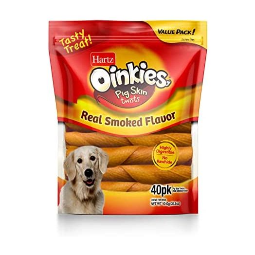 Hartz Oinkies Dog Treats Original 5" Pig Skin Twists with Real Smoked Flavor, 40 Count
