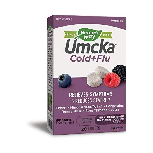 Nature's Way Umcka Cold+Flu, Fever, Sore Throat, Cough, and Congestion Relief, Non-Drowsy, Berry Flavored, 20 Chewable Tablets