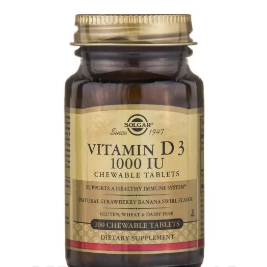 Solgar Vitamin and Herb Vitamin D3 (Cholecalciferol) 1000 IU Chewable Tablets - Natural Strawberry Banana Swirl Flavor - 100 Chewable Tablets