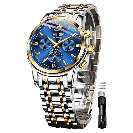 OLEVS Men's Automatic Mechanical Wrist Watches Bsuiness Dress Stainless Steel Moon Phase Waterproof Luminous Date Watch