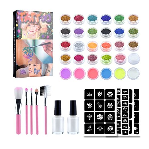 Temporary Glitter Tattoos Kit for Kids, 24 Large Glitter Colors & 6 Fluorescent Colors, 105 Stencils, Body Nail Art Glow in Dark Tattoo, Body Glitter Festival Party with 5 Brushes 2 Glue
