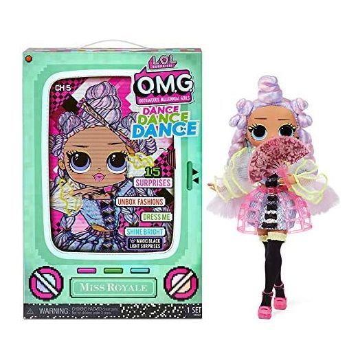 LOL Surprise OMG Dance Dance Dance Miss Royale Fashion Doll with 15 Surprises Including Magic Black Light, Shoes, Hair Brush, Doll Stand and TV Package - Great Gift for Girls Ages 4+