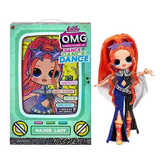 LOL Surprise OMG Dance Dance Dance Major Lady Fashion Doll with 15 Surprises Including Magic Black Light, Shoes, Hair Brush, Doll Stand and TV Package - A Great Gift for Girls Ages 4+
