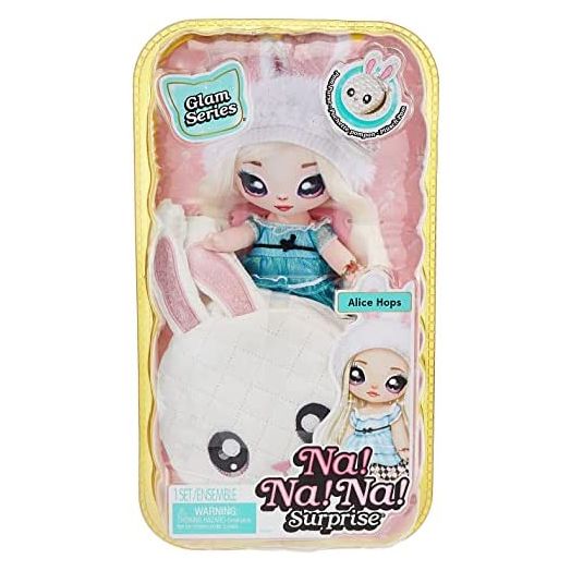 Na! Na! Na! Surprise Glam Series Alice Hops Fashion Doll and Metallic Rabbit Purse, Blonde Hair, Shiny Blue Dress, Bunny Ears Hat & Accessories, 2-in-1 Kids Gift, Toy for Girls Ages 5 6 7 8+ Years