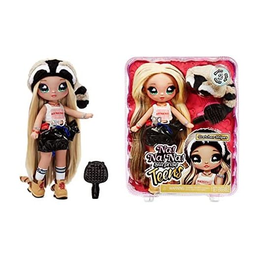 Na Na Na Surprise Teens 11" Fashion Doll Gretchen Stripes, Soft, Poseable, Blonde Hair, Cute Animal-inspired Raccoon Hat Outfit & Accessories, Gift for Kids, Toy for Girls & Boys Ages 5 6 7 8+ Years