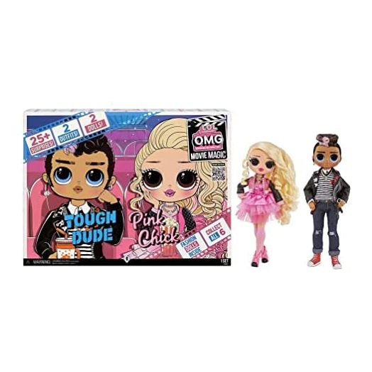 LOL Surprise OMG Movie Magic Fashion Dolls 2-Pack Tough Dude and Pink Chick with 25 Surprises Including 4 Fashion Looks, 3D Glasses, Movie Accessories and Reusable Playset - Great Gift for Ages 4+