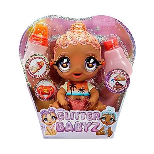 MGA's Glitter Baby Doll with Color Changes, Pink Hair, Sunset Outfit, Bottle - Gift for Kids Ages 3-5+