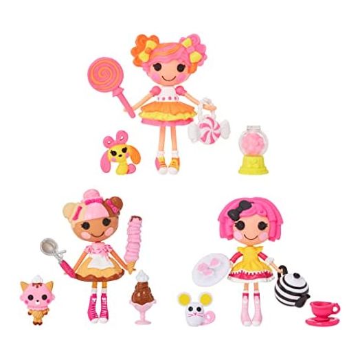 Lalaloopsy Mini Sweets Fair- Multi Pack Three 3" Dolls & 3 Pets with Crumbs Cookie, Scoops Waffle Cone & Sweetie Candy Ribbon Plus Adorable Accessories & Reusable Package playset, for Ages 3-103