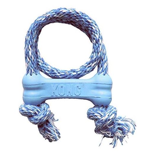 KONG Puppy Goodie Bone with Rope - Dog Chew Toy for Puppies - Natural Rubber Bone Toy with Cotton Rope - Teeth Cleaning Toy for Growing Puppies - for XS Puppies - Blue