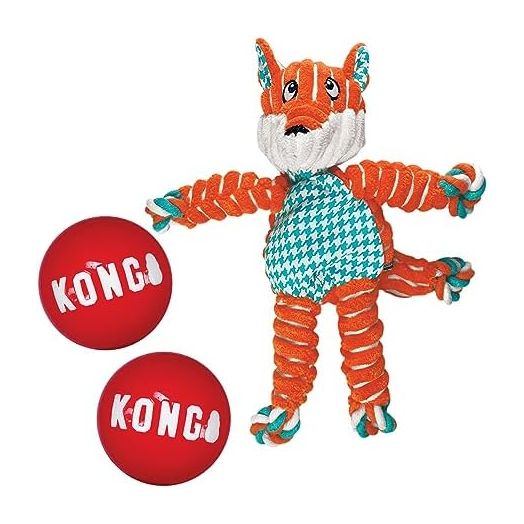 KONG Floppy Knots Fox and 2 Signature Balls - Sturdy & Fun Dog Toys - Strong Dog Toy Balls for Fetch & Soft Toy with Internal Squeaker - for Large Dogs