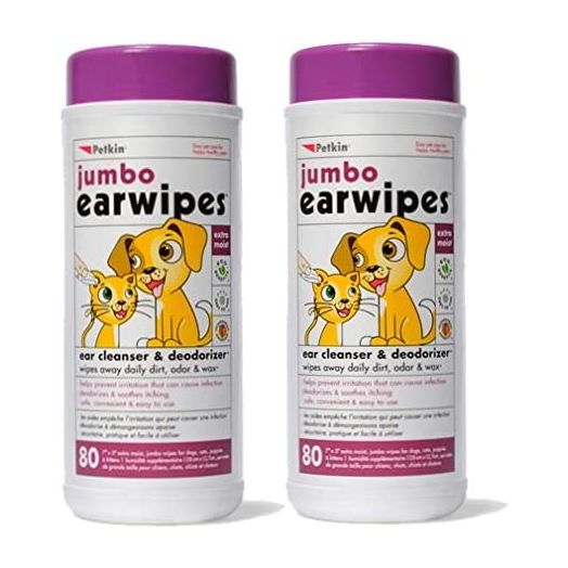 Petkin Jumbo Pet Ear Wipes, 80 Extra Moist Wipes - Soothing & Deodorizing Pet Ear Cleaner to Remove Dirt, Odor, & Wax-Safe, Convenient, & Easy to Use Pet Wipes for Dogs, Cats, Puppies & Kittens