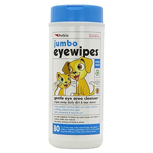 Petkin Jumbo Pet Eye Wipes, 80 Extra Moist Wipes - Gentle Eye Cleansing Wipes Remove Dirt, Discharge, & Tear Stains - Safe, Convenient, & Easy to Use Pet Wipes for Dogs, Cats, Puppies & Kittens