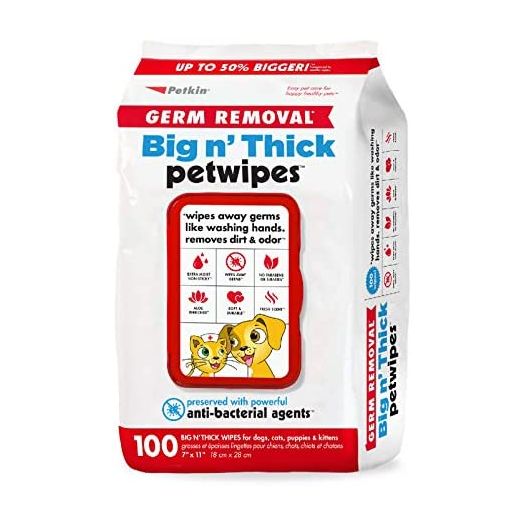 Petkin Pet Wipes Big 'n Thick Extra Large Pet Wipes for Dogs, Cats, Puppies & Kittens - Aloe Enriched Formula Gently Cleans The Face, Ears, Body & Eye Area - Wipes for Pets for Home or Travel, 1 Pack