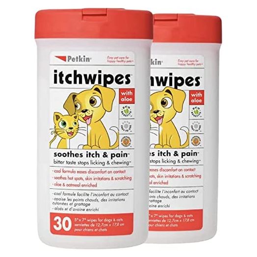 Petkin Anti Itch Wipes for Dogs and Cats 30 Wipes per Pack – Soothes Hot Spots, Skin Irritations and Scratching – Bitter Taste Stops Licking and Chewing – Super Convenient, Ideal for Home or Travel