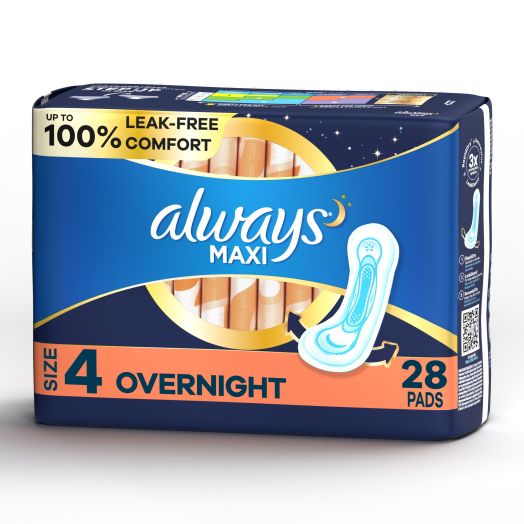 Always Maxi Pads Size 4 Overnight Absorbency Unscented without Wings, 28 Count