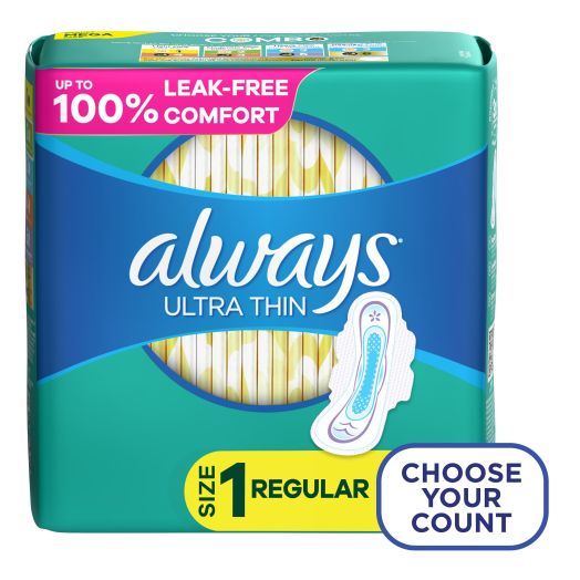 Always Ultra Thin Pads Size 1, Regular Absorbency with Wings, 62 Ct